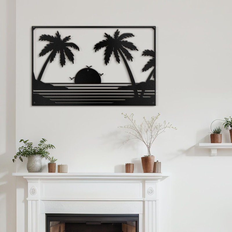 Palmiers et coucher de soleil, décoration murale abstraite moderne, décoration suspendue, décoration murale en métal, Noir