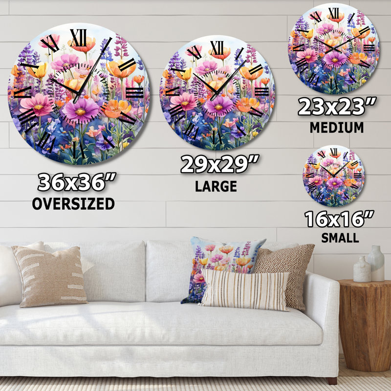 Horloge murale silencieuse en métal de style chalet, éclosion printanière de fleurs sauvages, Grand