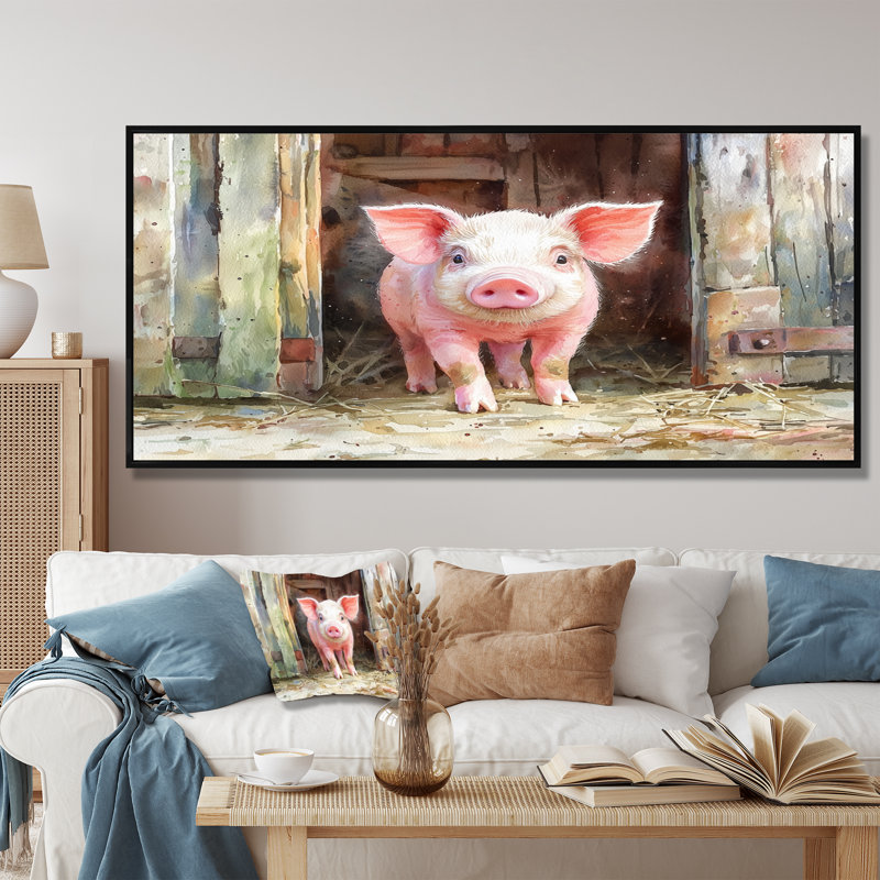 «Cute Farm Pig Portrait - Art mural encadré de cochon», Cadre flottant noir, 16" H x 32" W