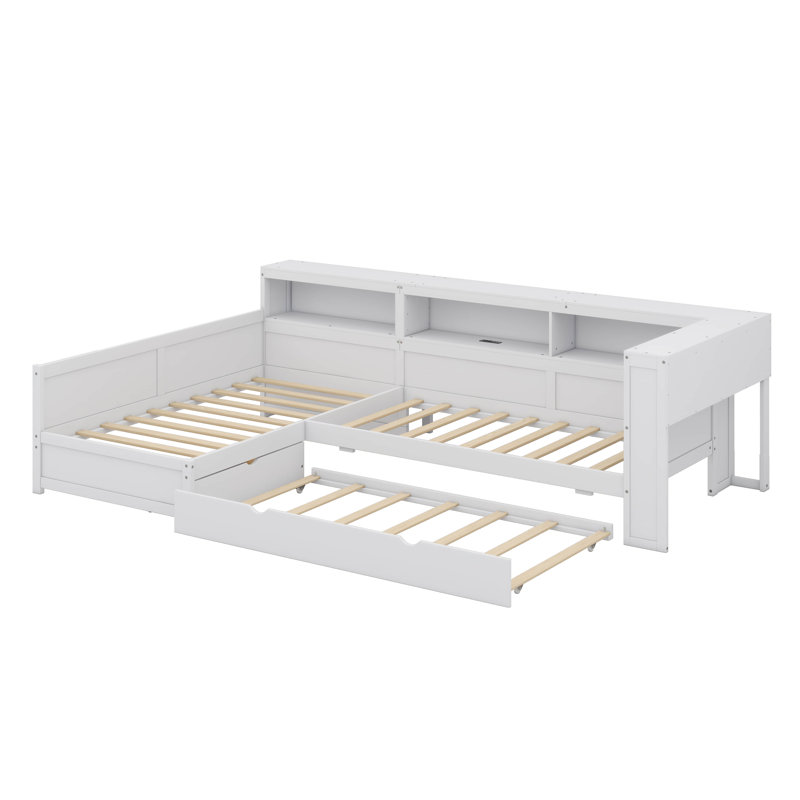 Twin-Sized L-Shaped Platform Bed With Trundle And A Single Drawer, White
