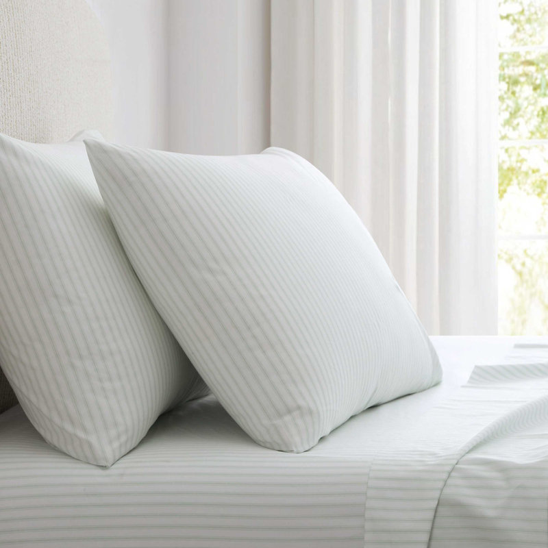 Martha Stewart Cotton Percale  Sheet Set, Queen Sheet Set with 2 Pillowcases, Ticking Stripe Green