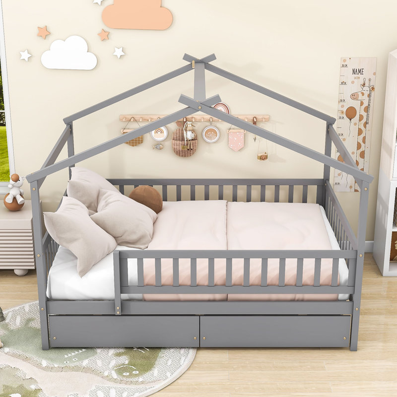 Lit de maison avec tiroirs de rangement et toit Ansam, Gris, Double
