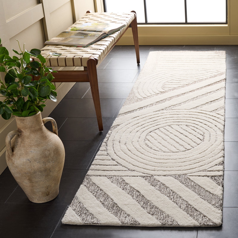 Tapis abstrait en laine et coton touffeté à la main Ebony 818, Tapis de couloir 2 pi 3 po x 8 pi