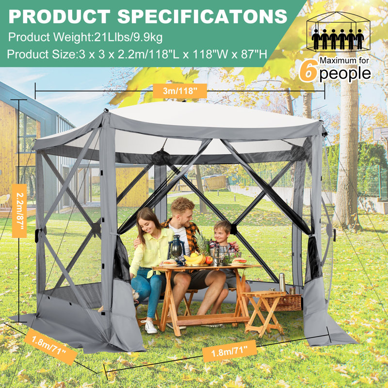 10FTx10FT Screen Room with Mosquito Netting, Gray