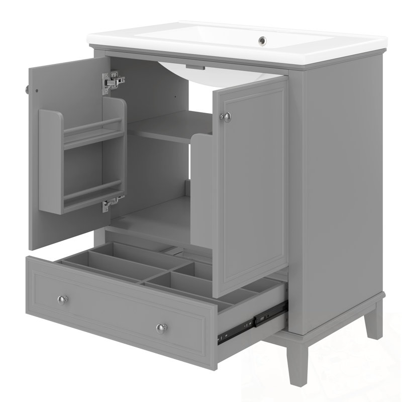 Meuble-lavabo de salle de bain avec lavabo, 1 tiroir et tablettes de porte, Gris