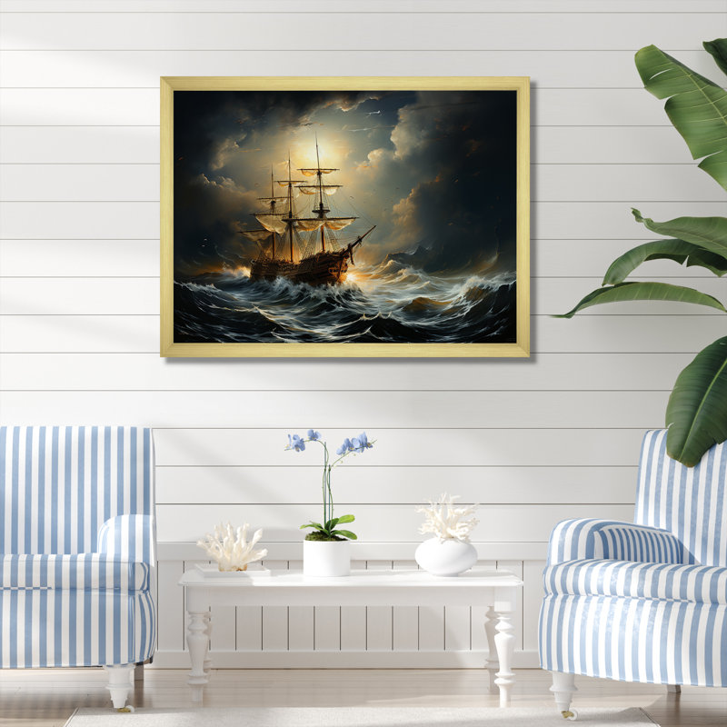 «Pirate Boat Carabian Legacy I», art mural pirate, Cadre doré à coins fermés, H 12 po x l 20 po x P 1 po