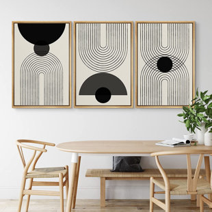 " Mid Century Modern Abstract Wall Art Black Semi-Circle An Line Parabola Framed Art " 3 - Pieces on Canvas