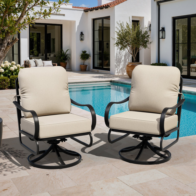 Chaises de patio pivotantes d'extérieur 2 pièces, avec structure en métal et coussins beiges épais de 5,3 po, Beige