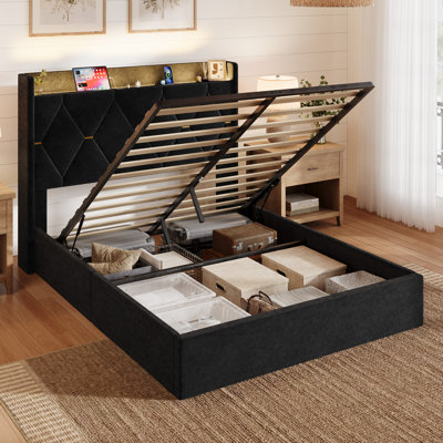 Lit plateforme tapissier avec rangement relevable et tête de lit à oreilles, station de charge à DEL, tissu chenille