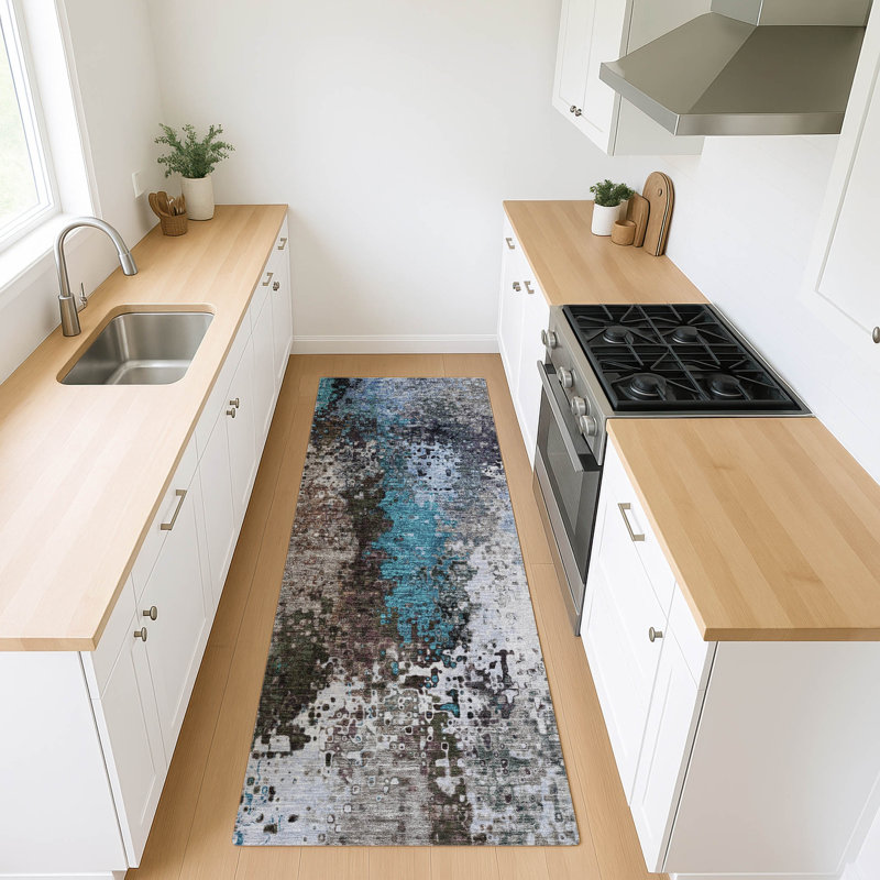 Tapis abstrait lavable à la machine intérieur / extérieur Layton ACN2242, Tapis de couloir 2 pi 3 po x 7 pi 6 po