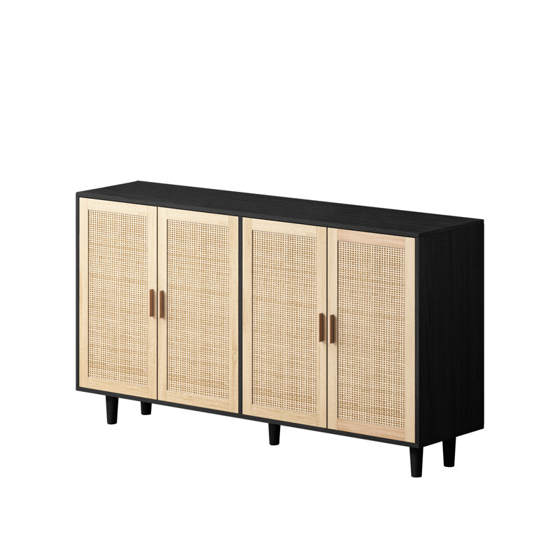 62.2'' Four-door Sideboard With Rattan Doors and Adjustable Storage Racks, Black