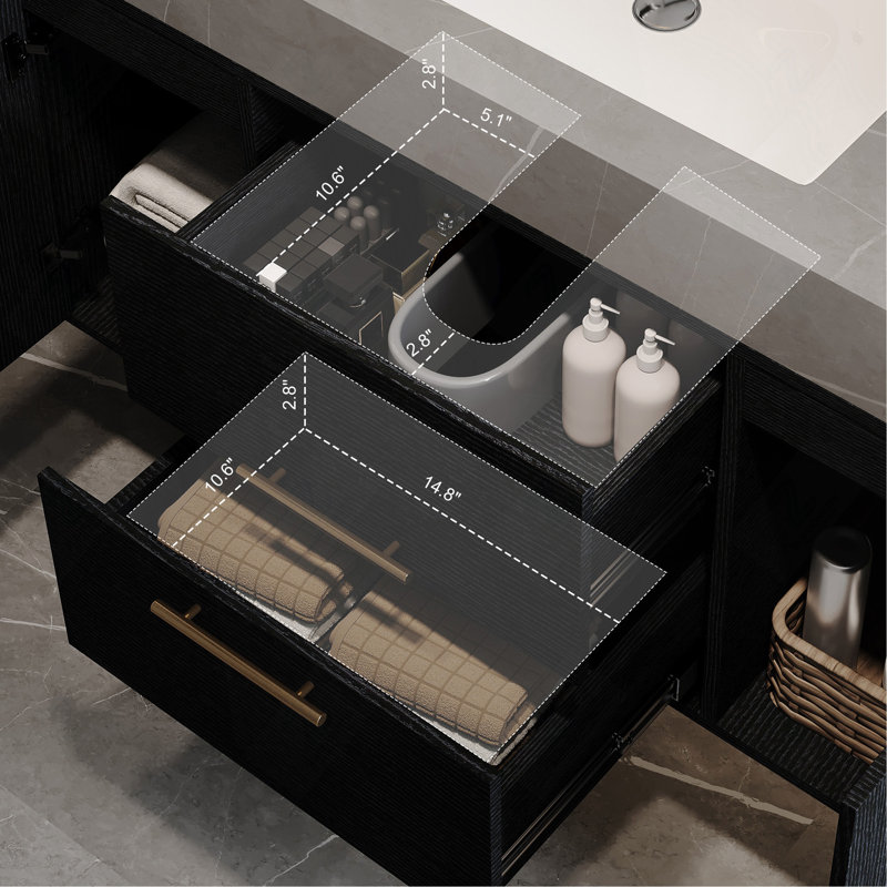 Meuble-lavabo flottant contemporain simple de 39,4 po avec comptoir en faux marbre, lavabo en céramique, 2 tiroirs en bois massif multicouches et 2 armoires