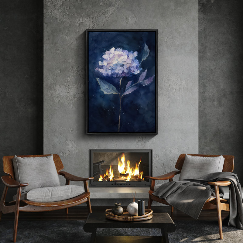 «Blue Hydrangea Flower Dark Botanical Moody», impression sur toile encadrée, Black, 24" H x 16" W