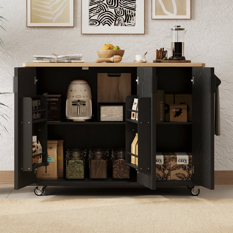 51" Fluted Kitchen Island With Drop Leaf, Black
