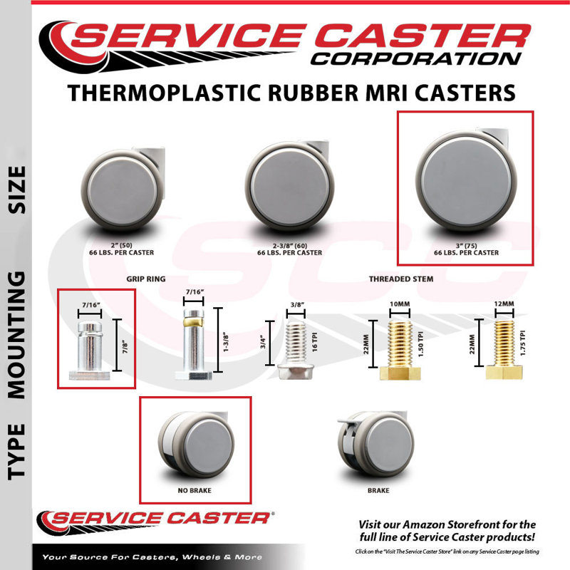 3 Inch MRI Safe Caster – 7/16 Inch Grip Ring Stem – Service Caster