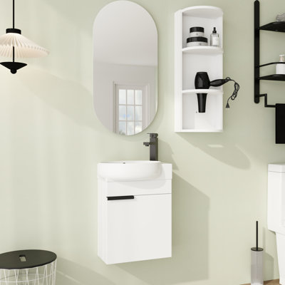16'' Wall-Mounted Single Bathroom Vanity with Ceramic Top and Soft-Close Doors & Storage Rack