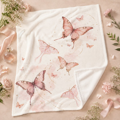 Blush Pink Butterfly Throw Blanket, Watercolor Long-Tail Wings with Golden Star Trails on Ivory Flannel for Sofa, Bed, Reading and Quiet Relaxing, 30 x 40 in