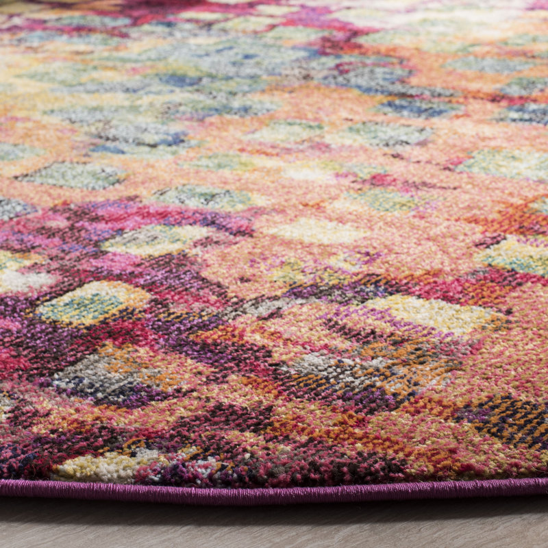 Isabea Abstract Pink/Green/Yellow Area Rug, Round 6'7"