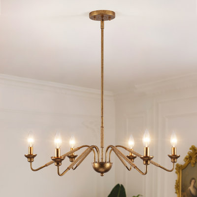 Lustre en laiton antique classique / traditionnel à 6 lumières 28,74 po de style bougie avec corde de chanvre tissée à la main