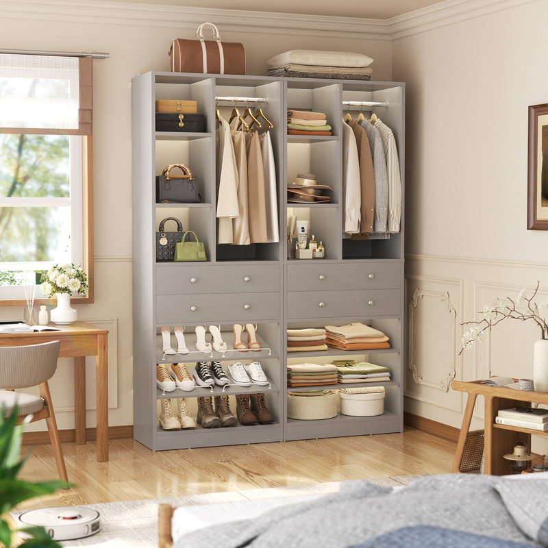 8.8 Ft Closet Organizer With 2 Wooden Drawers And 1 Rod, Gray