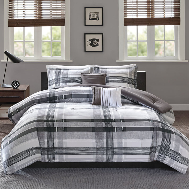Édredon pour lit simple / simple TG - Tissu écossais noir et gris avec 1 coussin décoratif