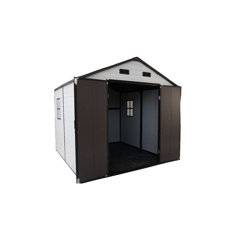 Remise de rangement en résine de 8 pi x 8 pi avec fenêtres, structure en aluminium et plancher robuste, idéale pour les décorations saisonnières outils de jardin, cadre et cour arrière de 8 pi x 8 pi x 7,6 pi brun antique et blanc