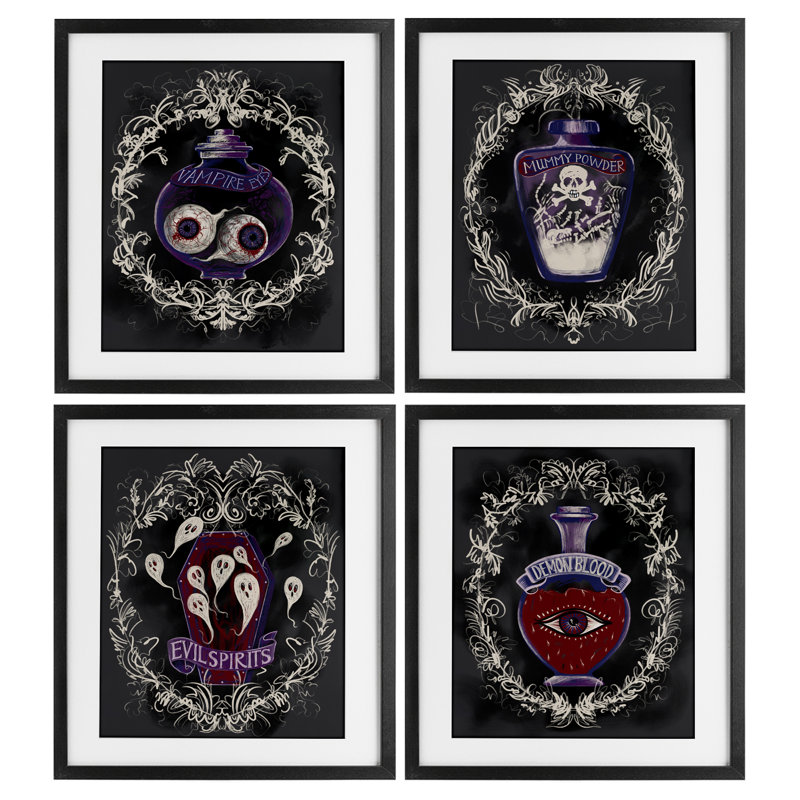 Ensemble de 4 bouteilles à spéculations Spooky, sous-verre, par Connie Summers, Cadre noir minuit, H 16 po x l 13 po