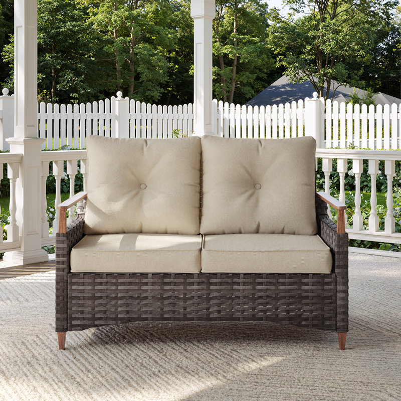 Melvarn Outdoor Patio 48.6"w Rattan Wicker Loveseat 2-Person Sofa With Cushions And Wood-look Surface, Beige