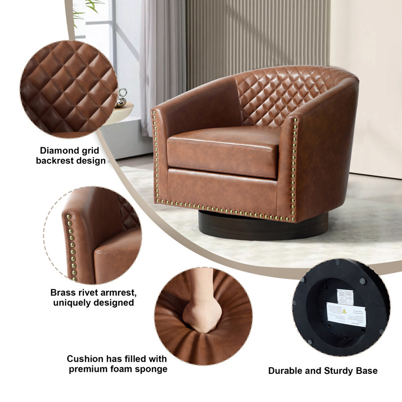 75.2Cm Wide Tufted Swivel Barrel Chair, Brown