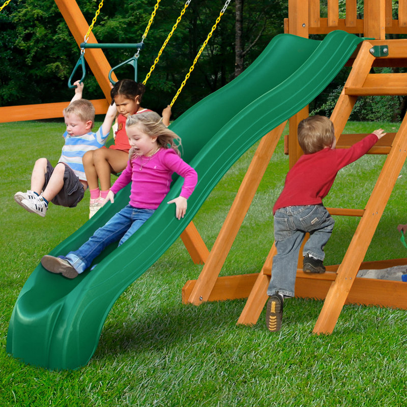 Avalon Cedar Wood Swing Set with Green Slide and Fort