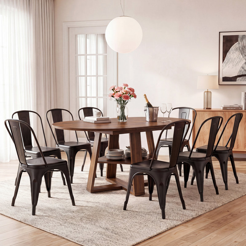 Ensemble de table de salle à manger ronde extensible avec chaise H 33,37 po Rohun, 9 Piece:Table, 8 Chairs, Brown, Black
