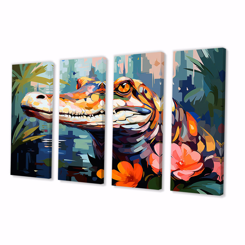 Popart alligator Blooms III - Alligator / crocodile, art mural 4 pièces, H 32 po x l 64 po