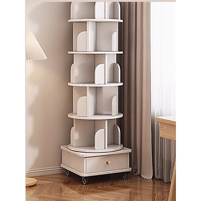 Bibliothèque d'angle à 6 niveaux, étagère de rangement sur pied, étagère de rangement en bois étroite, bibliothèque rotative avec tiroir