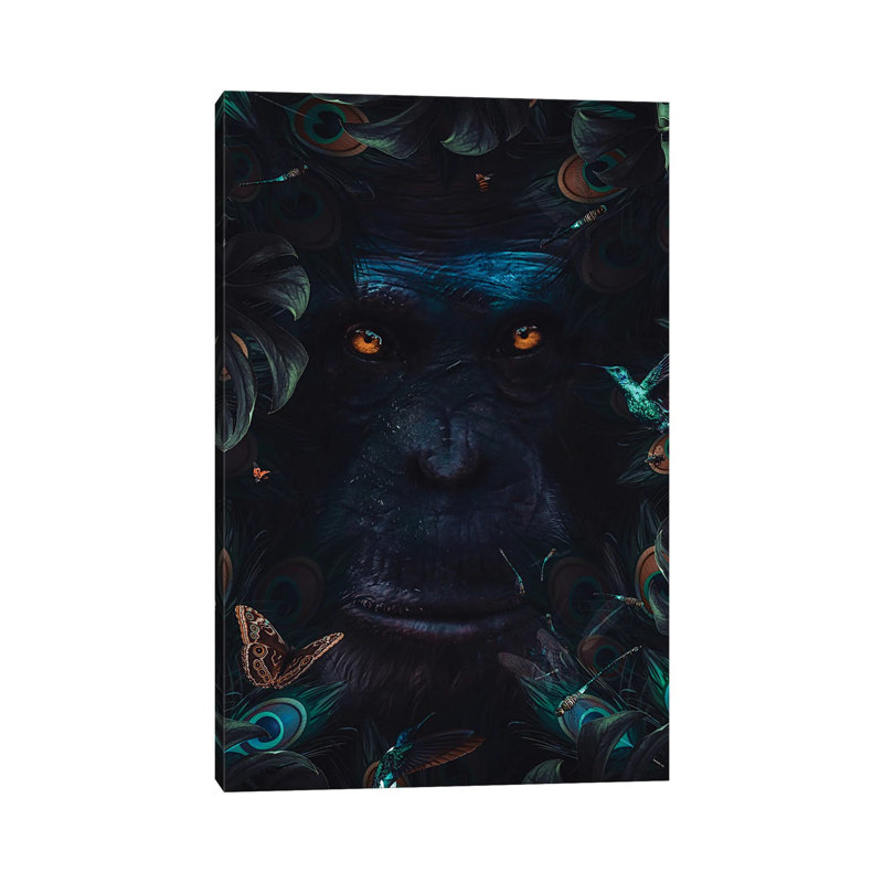 Monkey Portrait And Peacock Feathers by GEN Z - Gallery-Wrapped Canvas Giclée on Canvas, Wrapped Canvas