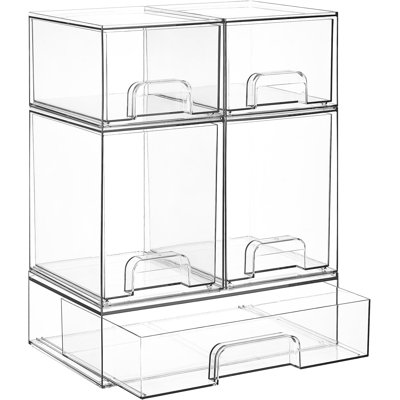 Clear Stackable Storage Drawers Set of 5, Plastic Organizer Bins