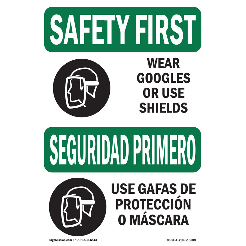 Wear Goggles Face Shield Bilingual Decal 10" X 7"
