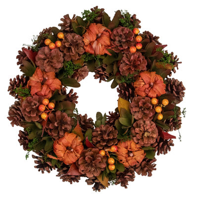 Couronne orange et verte avec citrouilles et pommes de pin - 13,75 pouces