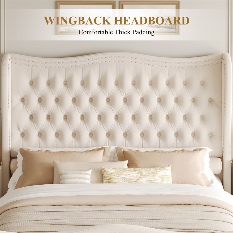 Metter Upholstered Wingback Bed, Cream, King