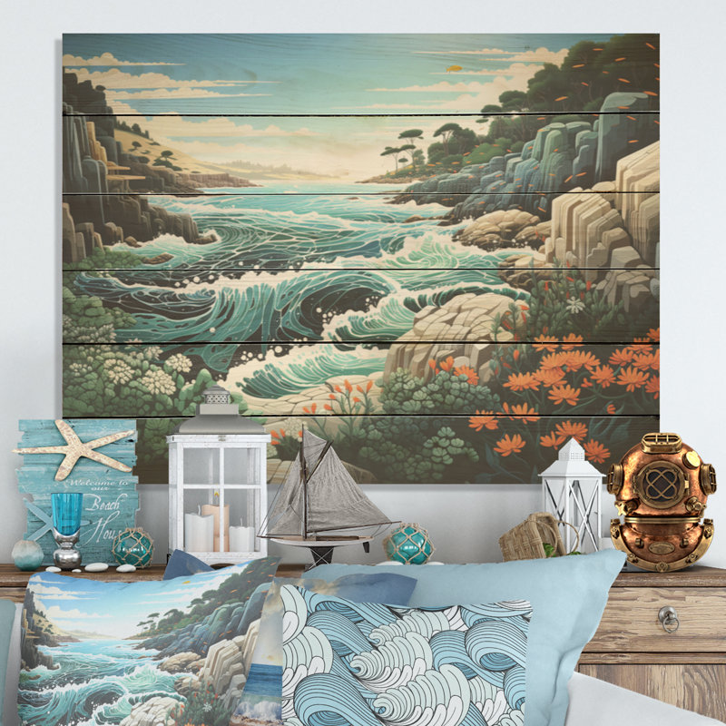 Paysage sauvage de paysage de plage - corail côtier sous l'eau, art mural sur bois de pin naturel, H 30 po x l 40 po