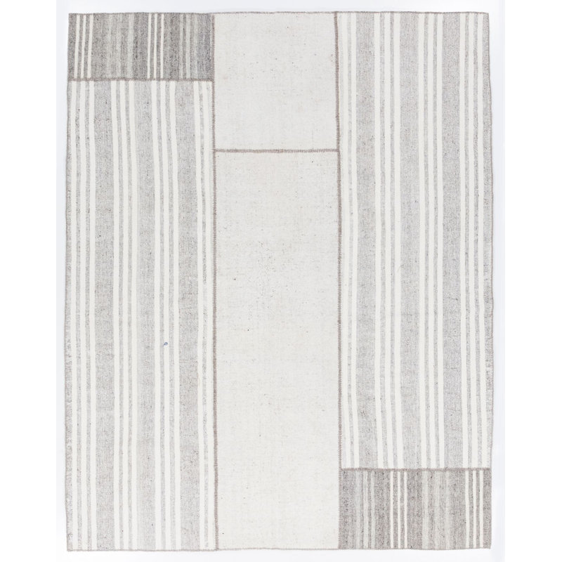 Tapis turc 8,4 x 10,3 pi fabriqué à la main en kilim à rayures blanches