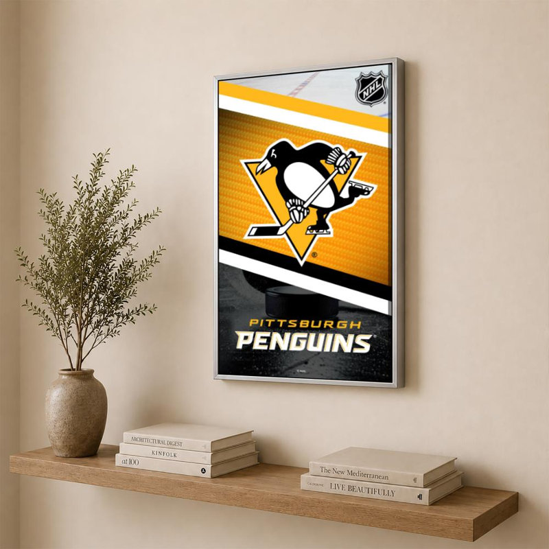 Décoration murale des Penguins de Pittsburgh (NHL), H 36 po x l 24 po, Cadre plat flottant, Argent