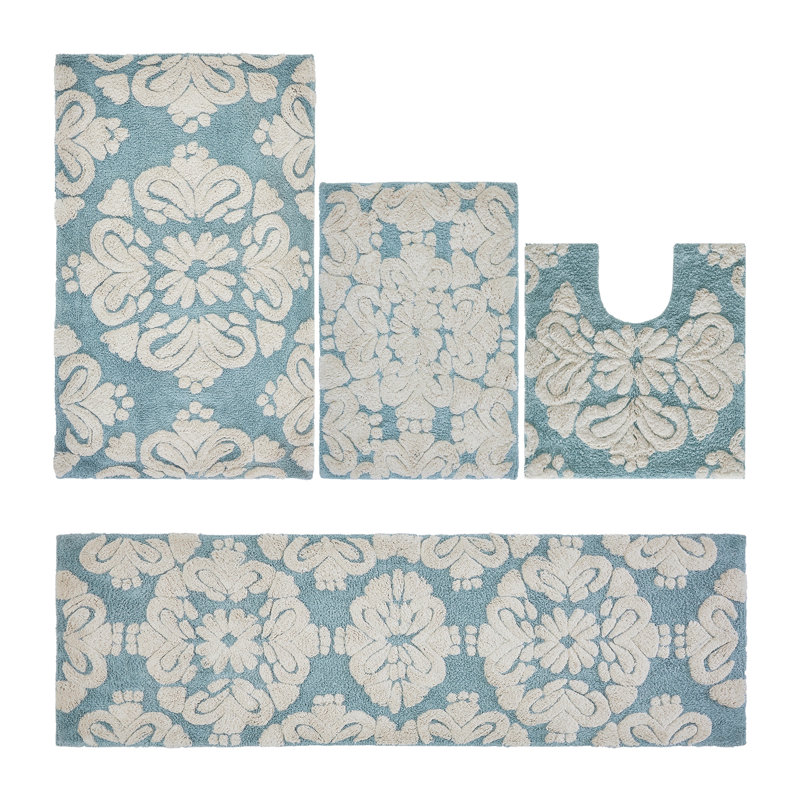 Ensemble de tapis pour salle de bain 100% coton 1885 GSM Chemash Premium, certifié OEKO-TEX®, envers en latex antidérapant, tapis de bain touffetés moelleux et tapis de contour pour douche, baignoire, meuble-lavabo, lavabo et toilette, super absorbant, machine Lavable, bleu