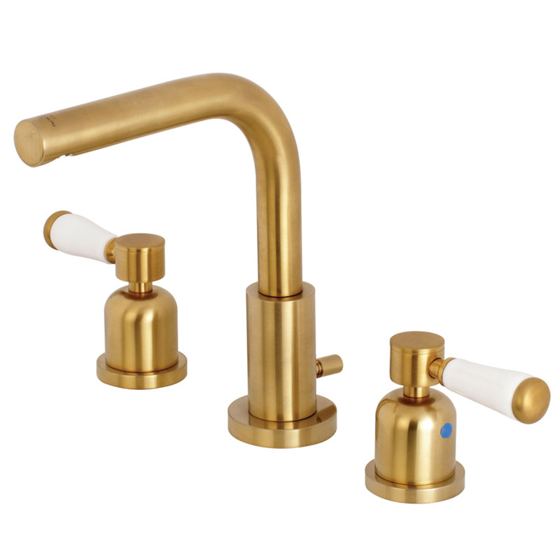 Kingston Brass Paris Two-Handle 3-Hole Deck Mount Widespread Bathroom Faucet with Brass Pop-Up Drain, Satin Brass