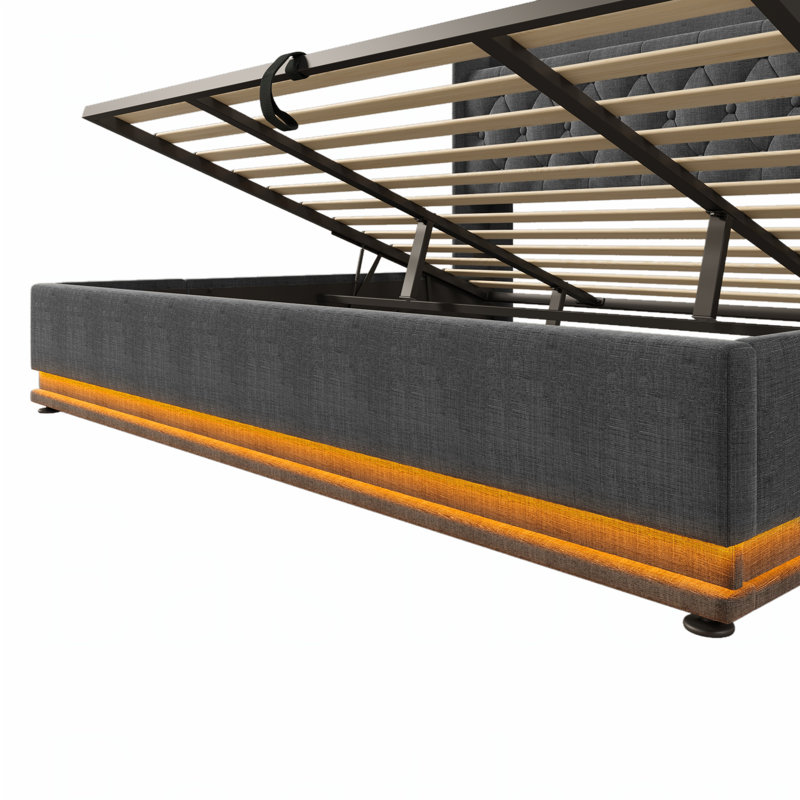 Upholstered Bed With Hydraulic Storage, Usb & Type-c Charging And 360° Surround Led, Queen, Gray