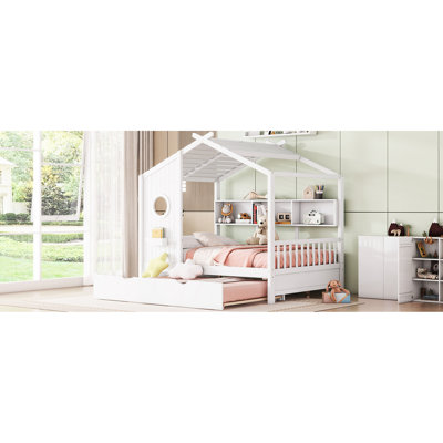 Lit double blanc en bois avec lit gigogne pour lit double, tablette de rangement, conception charmante, tablette peu encombrante, construction en pin, lit gigogne L 78 po x l 58 po H 72 po, chambre, toit, rangement, pin