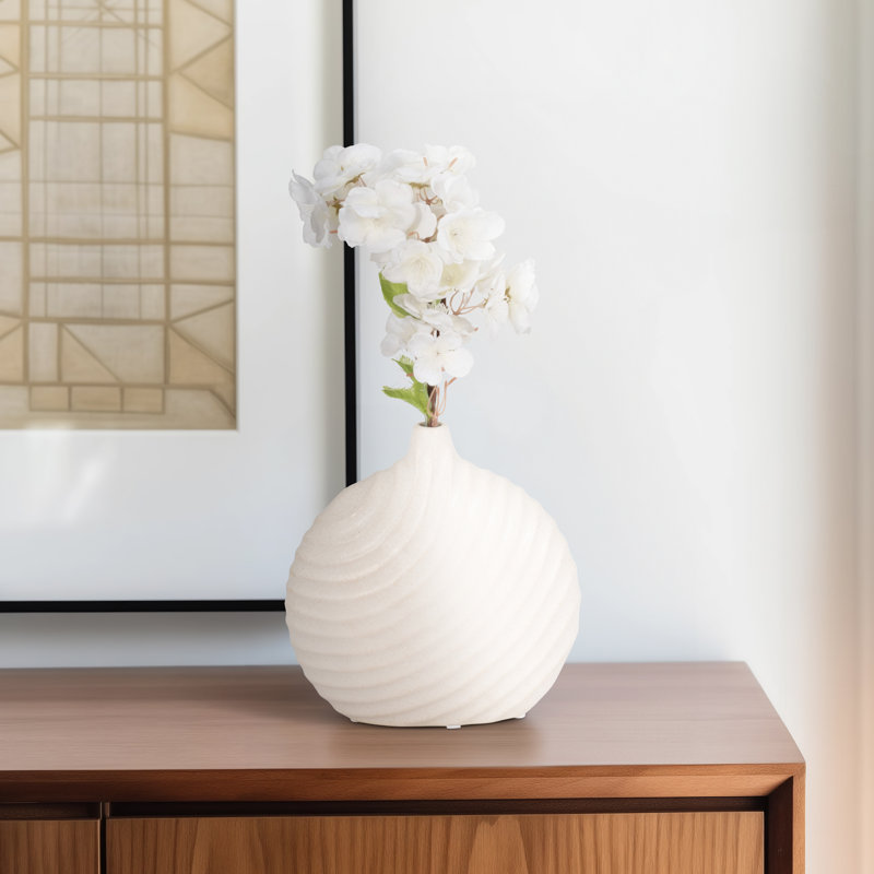 Wrought Studio™ Ceramic Vase - Round Swirled Matte Finish In Elegant White, 8" H x 8" W x 3" D