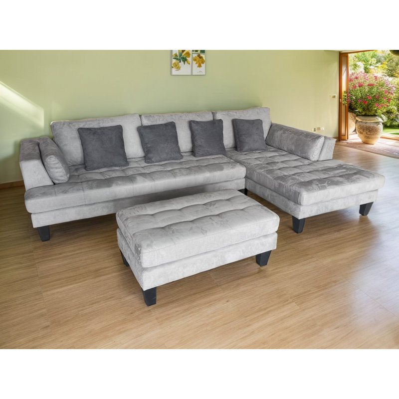 Canapé modulaire en microfibre avec repose-pieds Pritesh, Accoudoir à droite (vu de face), Microfibre/microsuède gris clair