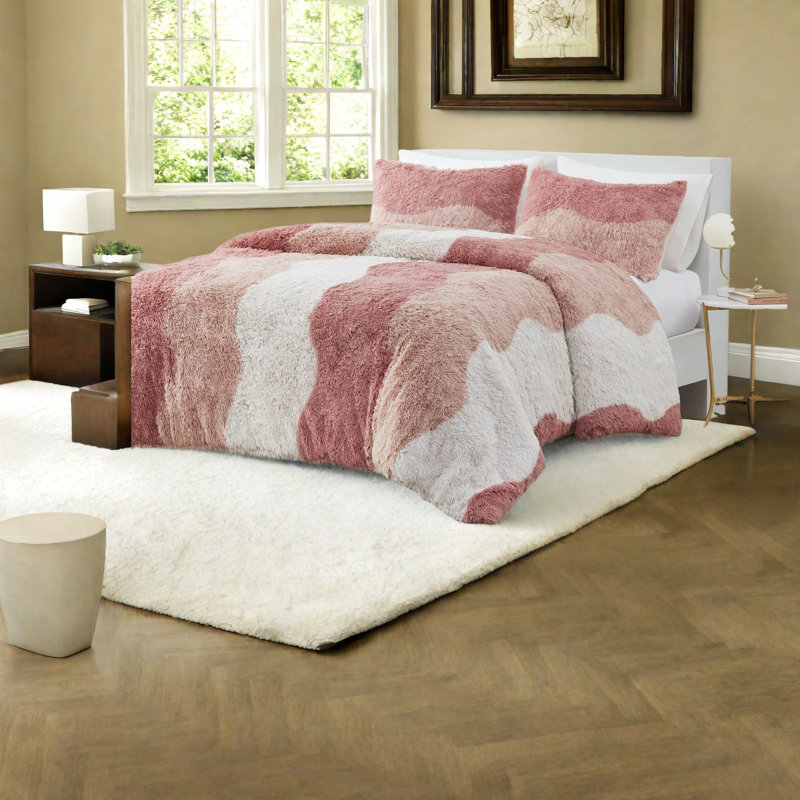 Ensemble de literie luxueuse en fausse fourrure ombrée, double / grand, multicolore rosé