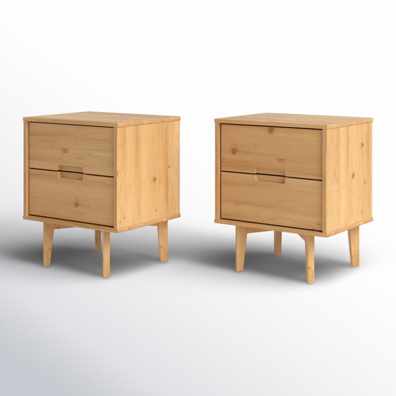 Aizlyn Mid-Century Modern Solid Wood Groove-Handle Nightstands, Natural Pine