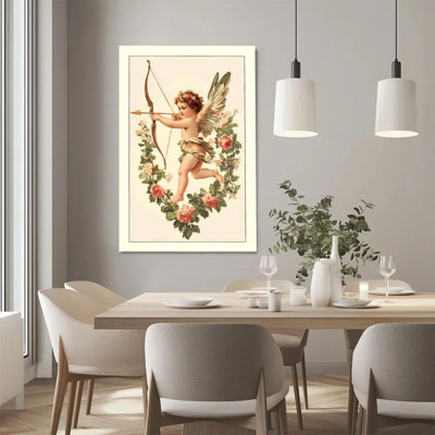 2D Flat, 1Pc Framed Canvas Wall Art, Cupid, Rose Garland, Classical Romanticism Style Art Print Canvas Poster Painting Room Wall Decor, Ideal Gift For Valentine's Day, Ready To Hang